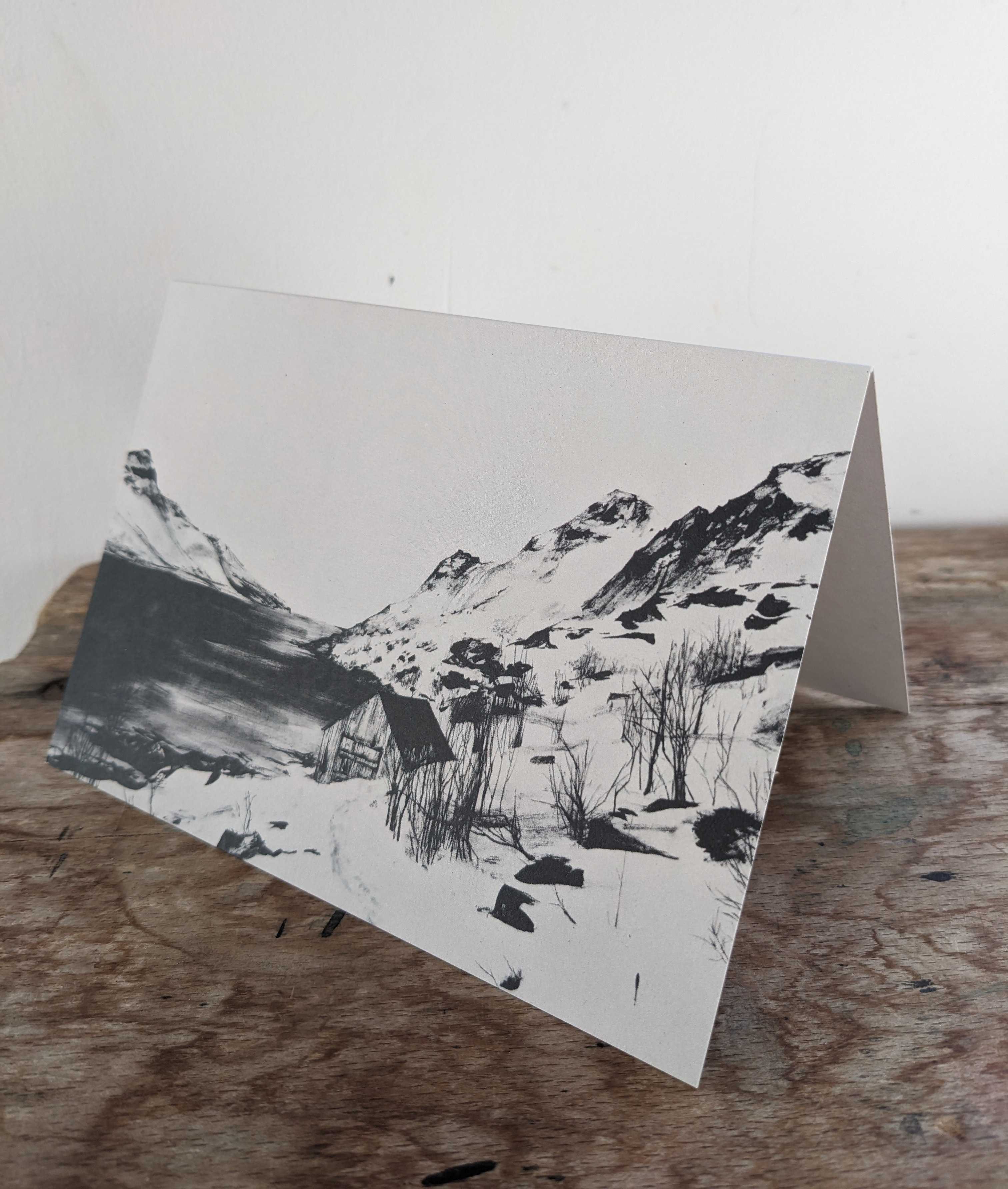 Hut in snow greetings card image